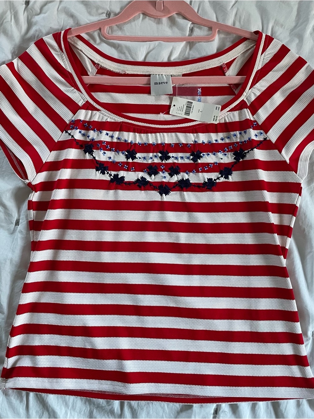 Anthropologie Red White Striped Maeve Embroidered Flowers Scoop-Neck Tee Top - Picture 3 of 3